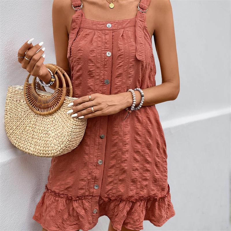 2026 New European And American Camisole Dress Cross-border Solid Color Texture Pleated Ruffle Edge Dress