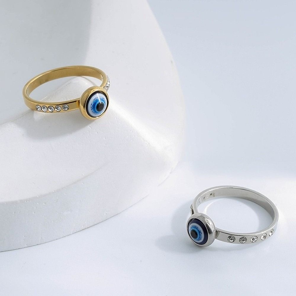 Versatile Use Blue Eye Ring Simple Style Rhinestone-Studded Ring Titanium Steel Ring Gift