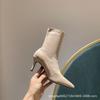 Autumn and winter new black high-heeled short boots women's elastic thin boots thin heel pointed versatile short tube apricot single boots