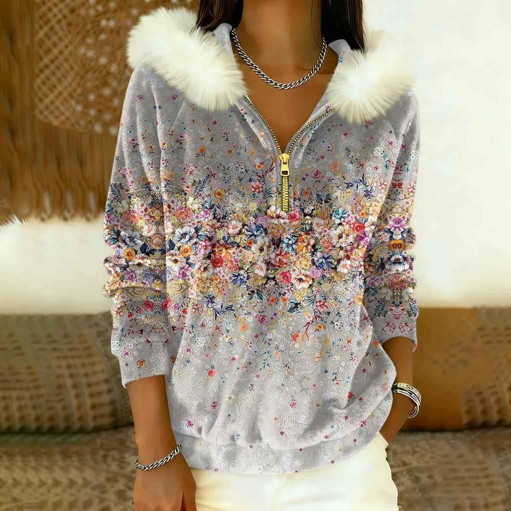 Lässiges und bequemes Damen-Freizeit-Top mit Kapuze, halbem Reißverschluss, langen Ärmeln und klassischem Aufdruck