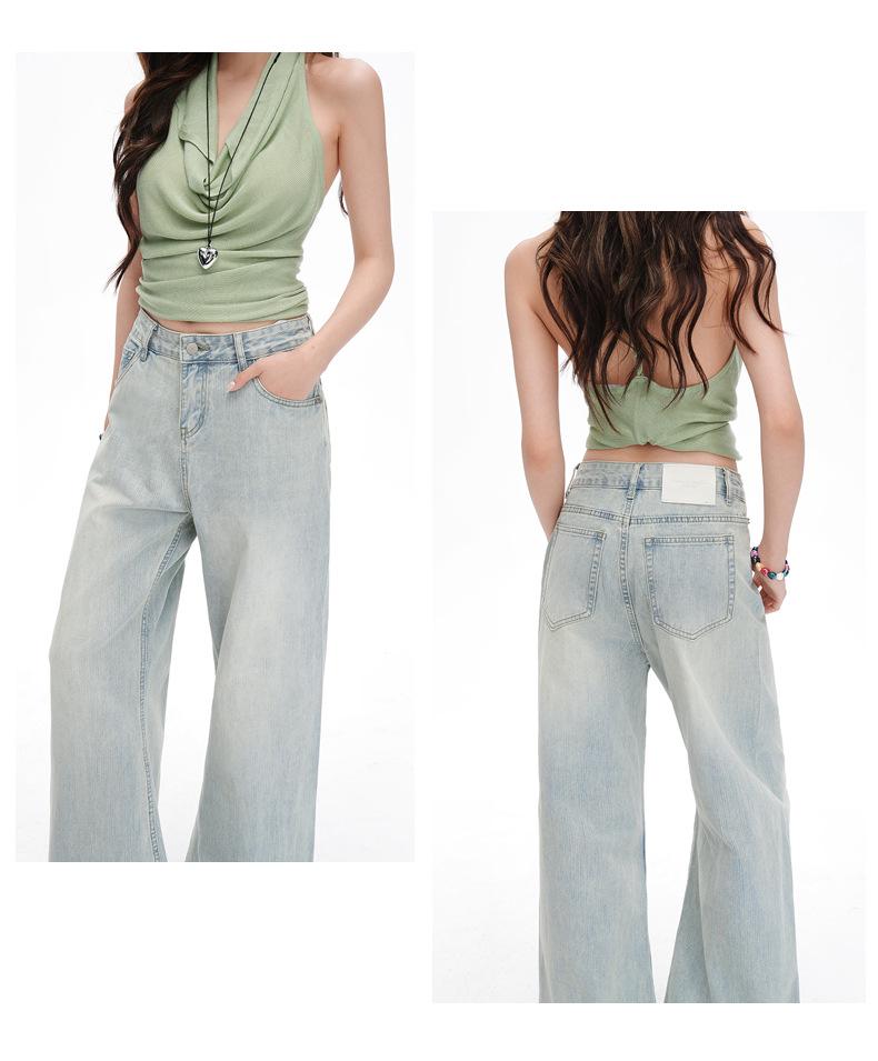 Women's Light Blue Retro Washed Denim Jeans, 2026 Spring/Summer, Loose Wide-Leg, Slimming Straight Pants