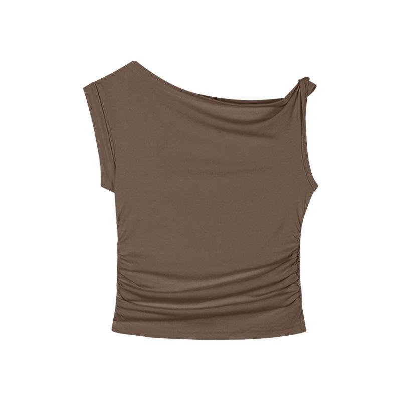 

Spice girl slanted shoulder short-sleeved t-shirt women s summer pure desire sexy irregular design wrinkled short top XL хакі