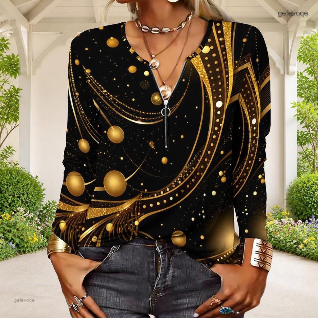 Women Plus Size Front Zip Round Neck Long Sleeve T Shirt Black Gold Galaxy Printed Top
