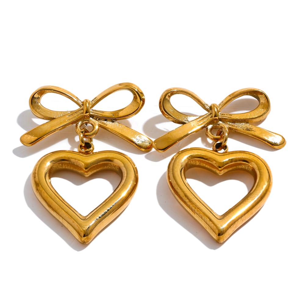 

Yhpup New Stainless Steel Bow Tie Heart Love Hollow Drop Earrings Stylish High Quality Gold Plated Earrings Jewelry Waterproof
