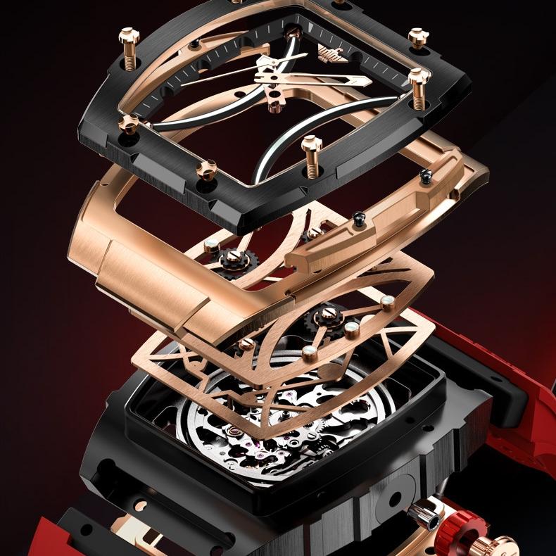 OUPINKE Zegarek Hollow Barrel Mechaniczny zegarek Moda Silikon Wodoodporny Męski zegarek Męski zegarek