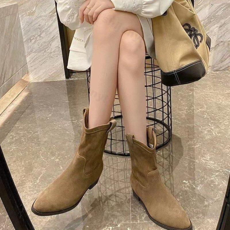 Fashion Women's Boots Retro Western Cowboy Boots 2025 Autumn Winter New Versatile Pointed Coarse Heel British Short Boots Botas Mujer