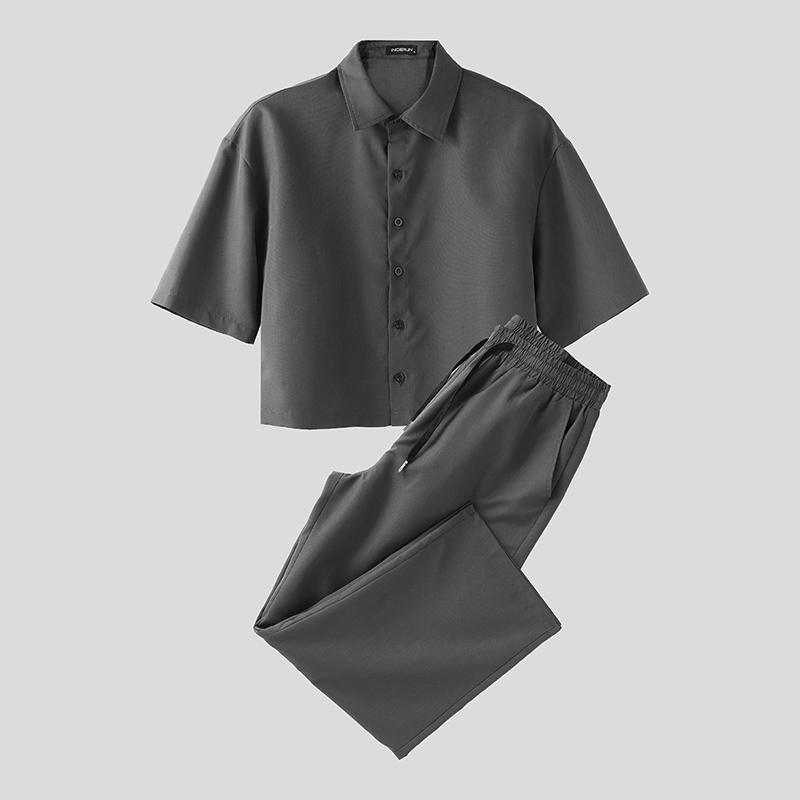 INCERUN Two Pieces Men Lapel Short Sleeve Cropped T-shirts Long Pants Sets Suits