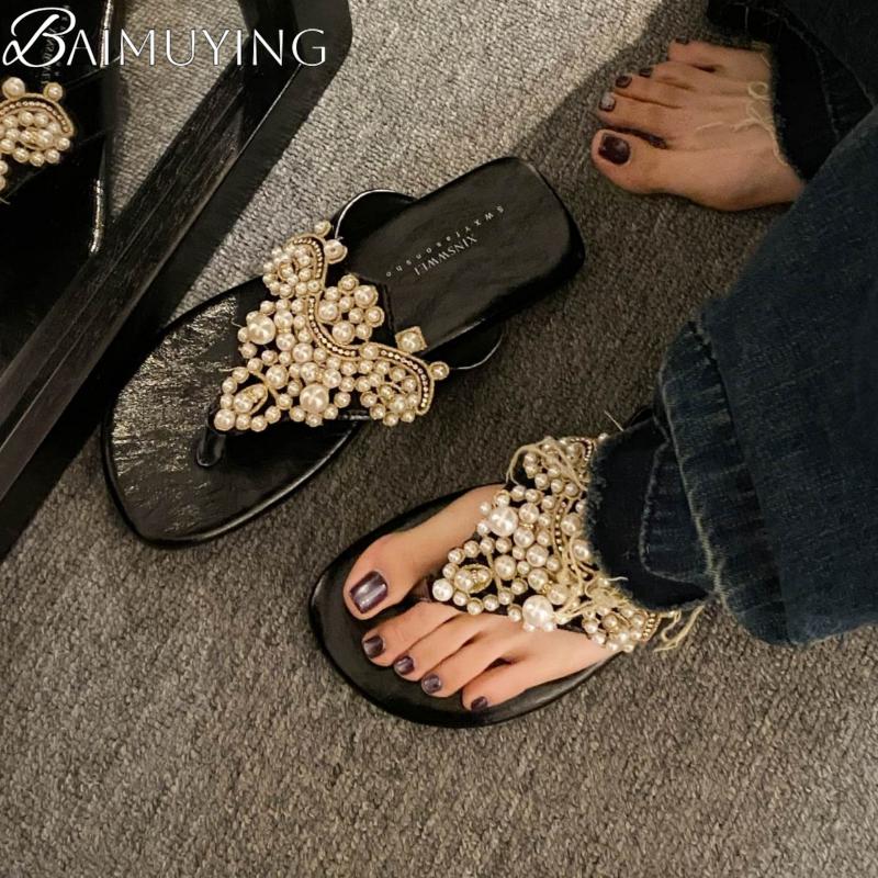 Fashion Bead Women Slippers Flat Sandals Flip Flops Casual Shoes Woman Summer 2025 Trend Beach Open Toe Comfort Clip Toe Slides Mujer