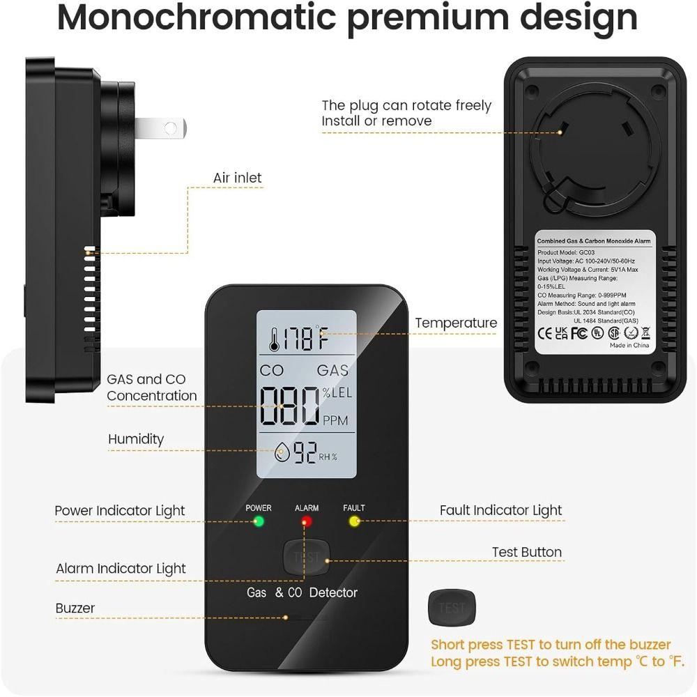 Compact Device Methane Detector 4-in-1 Design Gas Leak Alarm Temperature Monitor  Indoor Spaces