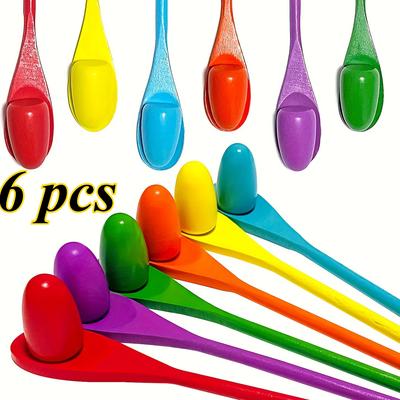 6 adet, Ahşap Yumurta Kaşığı Yarış Oyunu Seti, Ahşap Dengeleme Kaşığı Paskalya Yumurtası Yarış Oyunu Seti, Açık Hava Bahçe Çim Oyunları, Paskalya Hediyesi
