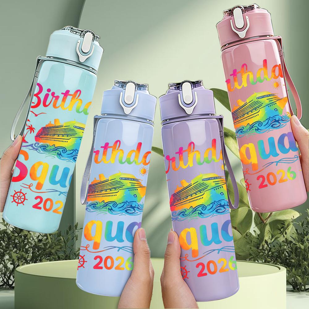 1PC Birthday Squad 2026 Letter Art 750ml Color Plastic Water Bottle Leakproof Flip Straw Lid For Sports Office Home Use