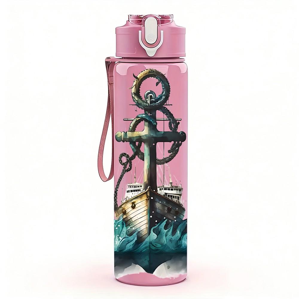 1PC Vintage Anchor Marine Pattern 750ml Color Plastic Sports Water Bottle Leakproof Flip Straw Lid Suitable for Sports Office Home Use