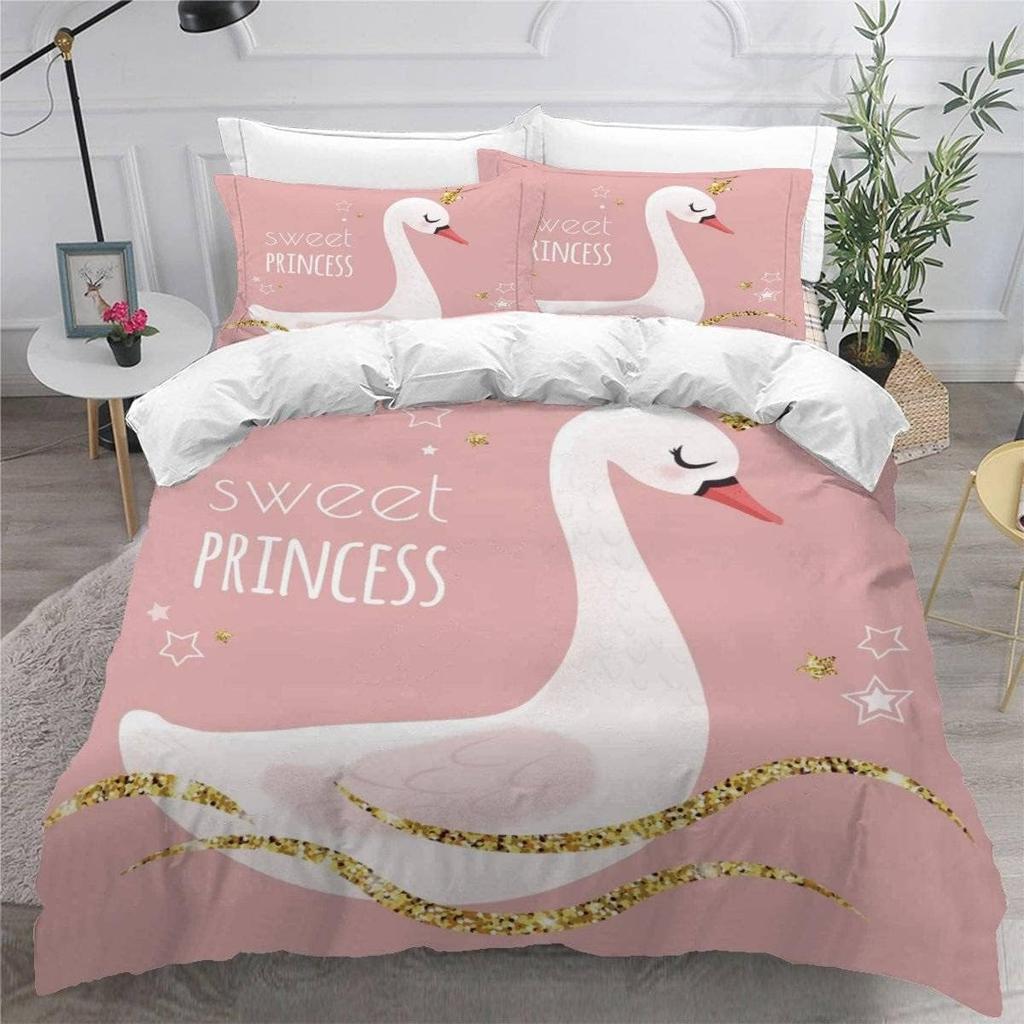 Single Bedding Swan Duvet Cover Set for Kids Adults, Black/Pink 3D Printed Duvet Cover 2 Piece Set with Pillow Cases 75*50cm