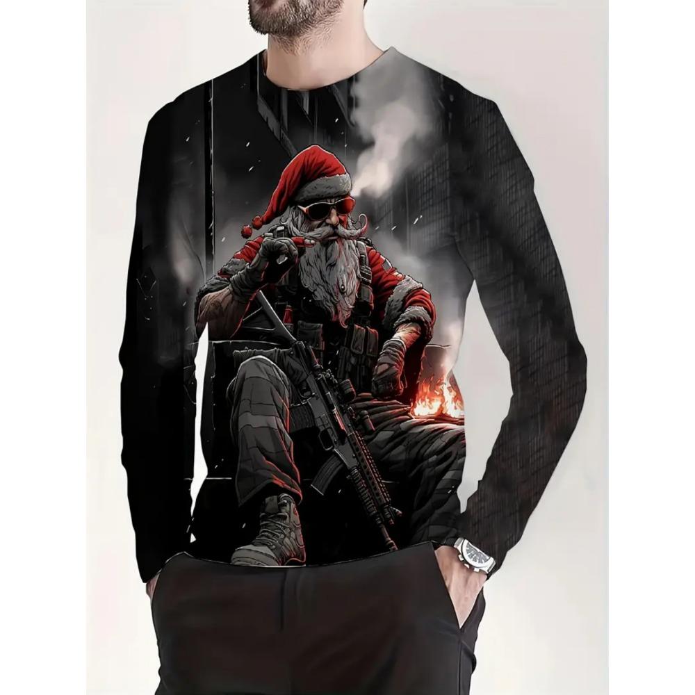 Merry Christmas Men's Long Sleeve T-Shirt, 3D Printed Santa Claus Pattern Casual Pullover, Fashionable Cool O-Neck Y2K Style Clothing
