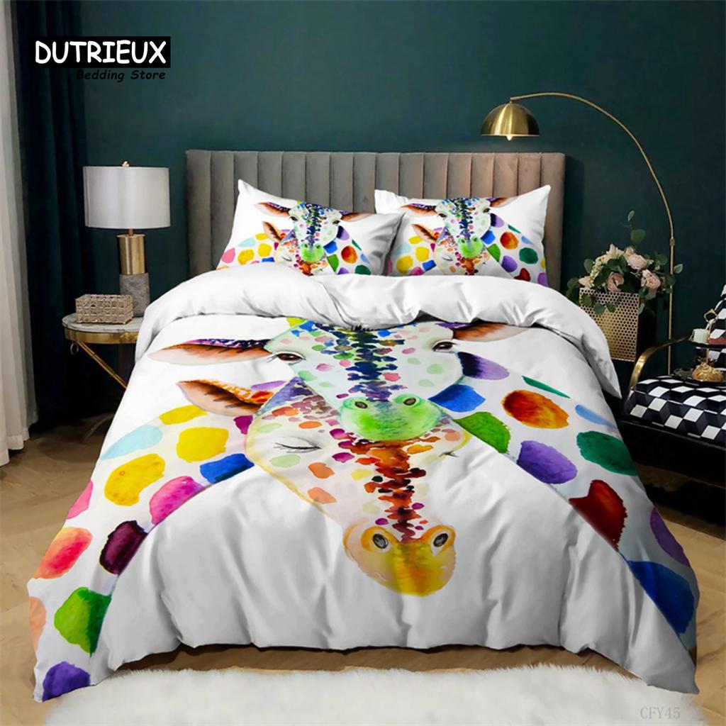 Cartoon Elk Duvet Cover Giraffe Deer Bedding Set Full For Kids Teens Room Decor Wild Animal Floral Quilt Cover With Pillowcases