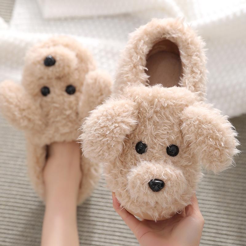 Comwarm Cute Dog Short Plush Slippers For Women 2026 Winter Warm Furry Cotton Shoes Couples Home Indoor Bedroom Cozy Slippers
