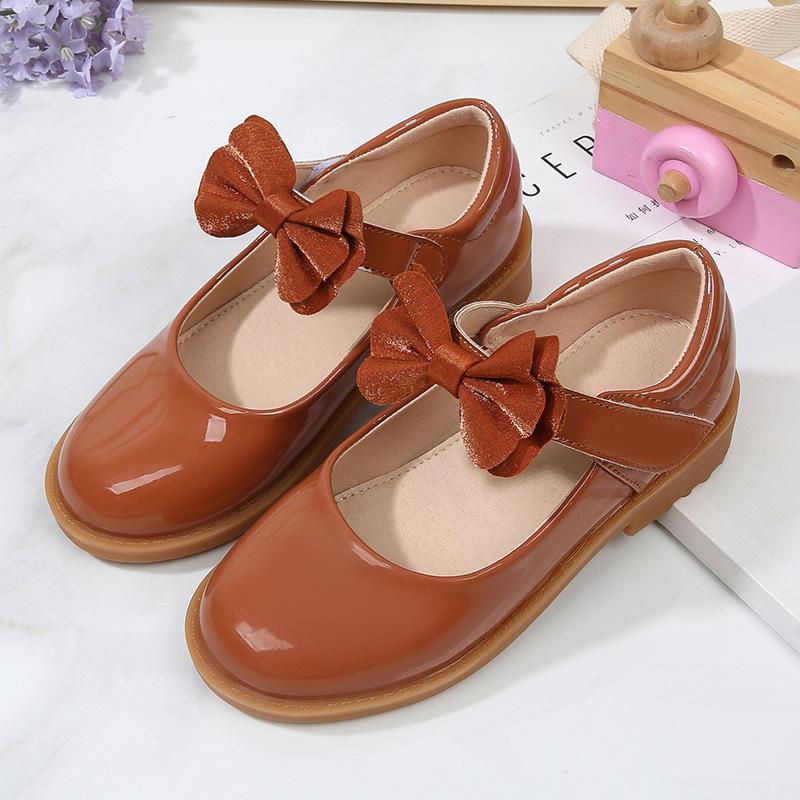 2024 New Soft Princess Shoes Black Bow Hook & Loop Glossy Fashion Kids Shoes Drop Shipping Cute Children Casual School Shoes PU