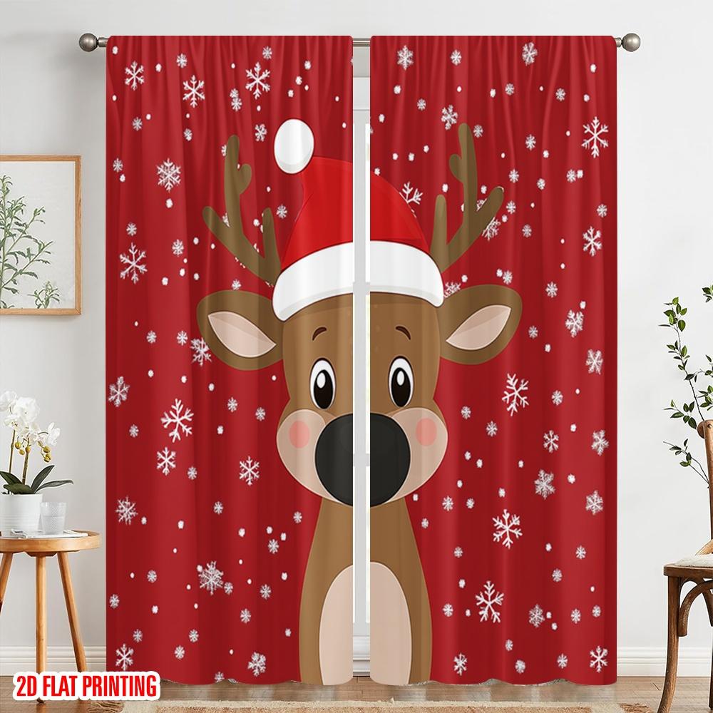 2pcs,2D Plane Printing Curtains&Window Treatment Cute Reindeer Christmas Snow (3) Versatile Polyester (without Rod) Decorations