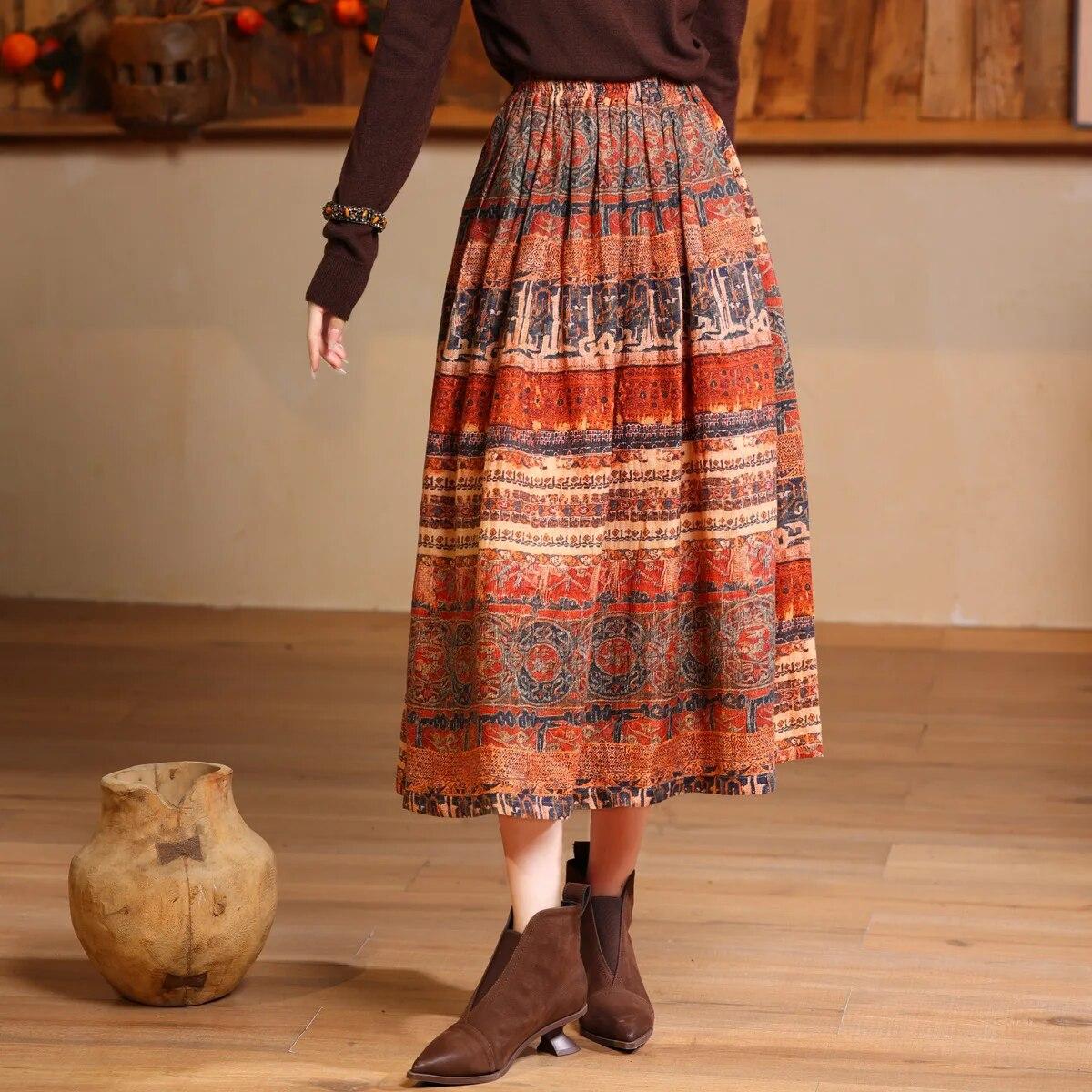 

Johnature женские весенние винтажные стильные юбки с большим принтом и эластичной резинкой на талии, модные хлопковые юбки в китайском стиле L кофейный