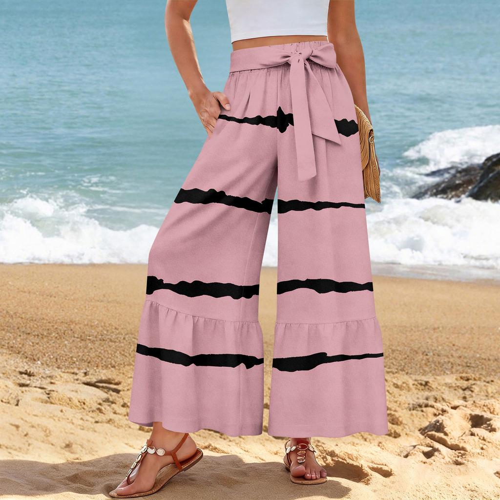 Women's Wide-Leg Casual Pants, Stretch, High Waist, Ruffled Hem, Wide Legs, Belted, And Pockets