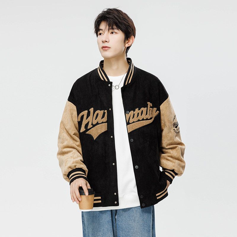 Foreign Trade Surplus American-Style Suede Cotton-Padded Baseball Jacket for Men, Spring, Autumn, and Winter Trendy Casual Couple s Bomber Jacket Black 3XL