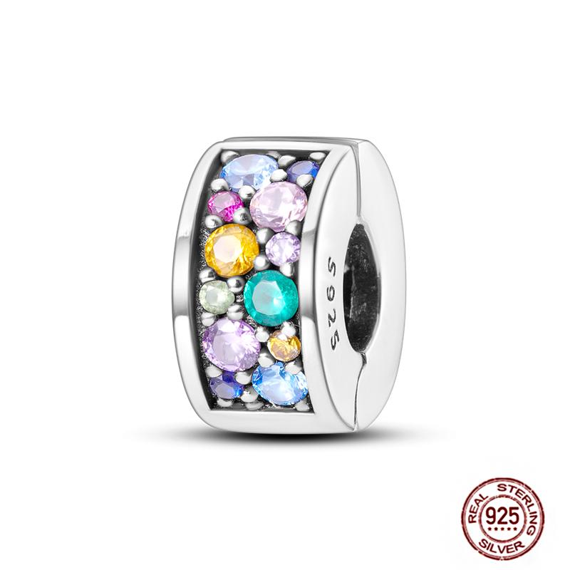 Round 925 Copper Clasp Pave Clip Charms Blue Star Moon Butterfly Slide Safety Chains Spacer Beads Fits Original Bracelet Zircon