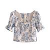 Summer Vintage Ivory Blue Flower Print Shirt Retro Elastic Ruched Back Square Collar Short Sleeve Short Blouse tank top Tops