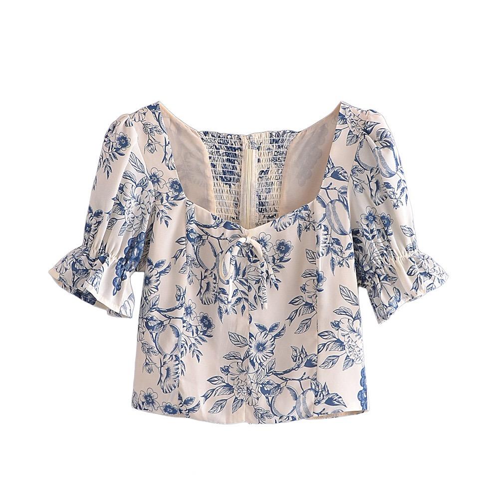 Summer Vintage Ivory Blue Flower Print Shirt Retro Elastic Ruched Back Square Collar Short Sleeve Short Blouse Tank Top Tops