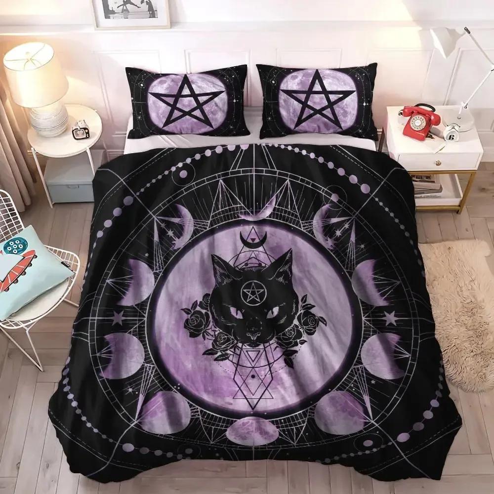 Wiccan Occult Black Cat Duvet Cover Set,Gothic Black Cat Bedding Sets Mysterious Sun And Moon Comforter Cover Queen Size