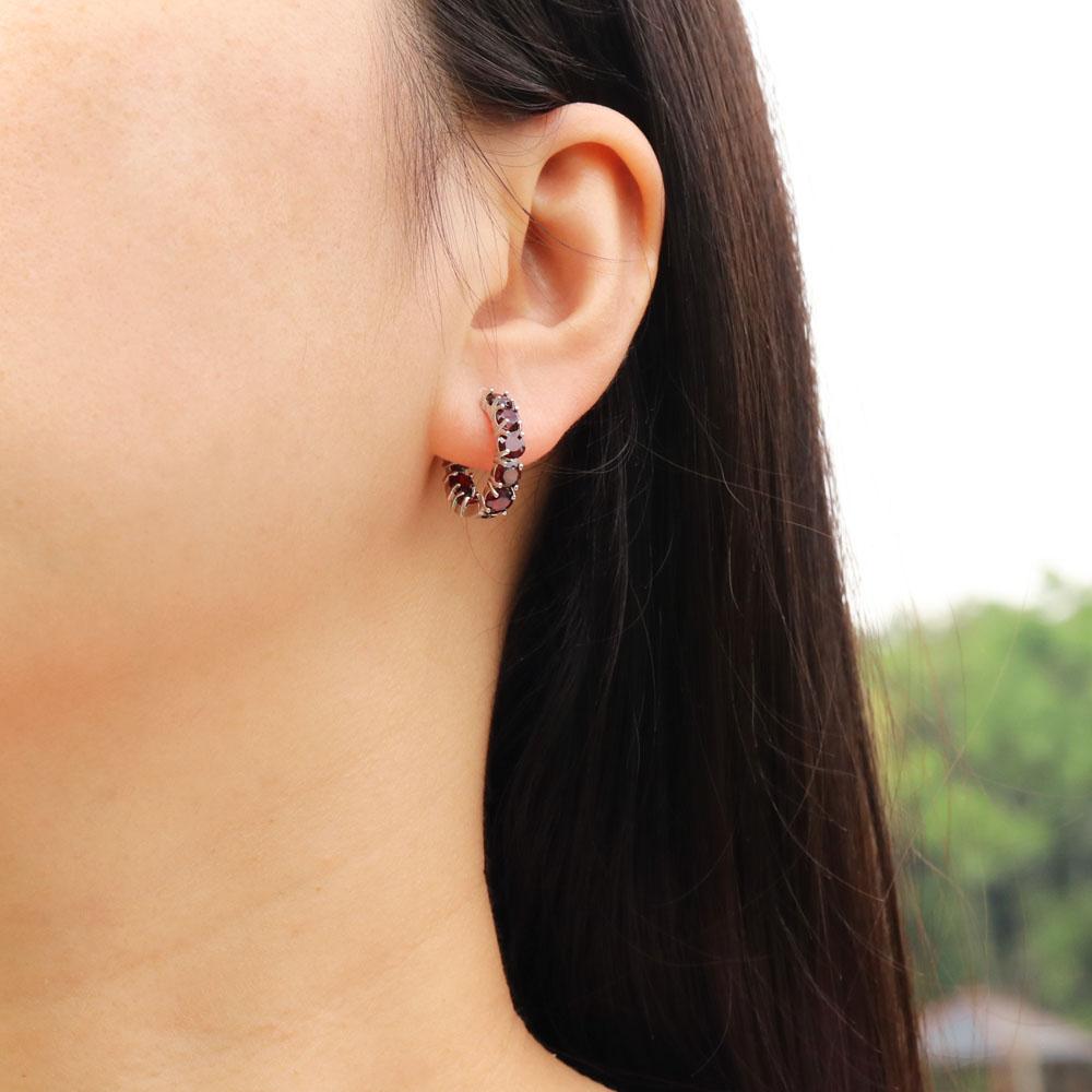 Orecchini A Cerchio In Argento Sterling 925 Con Granato Rosso Naturale, Placcati Rodio, Regalo Per Donna In Confezione Regalo