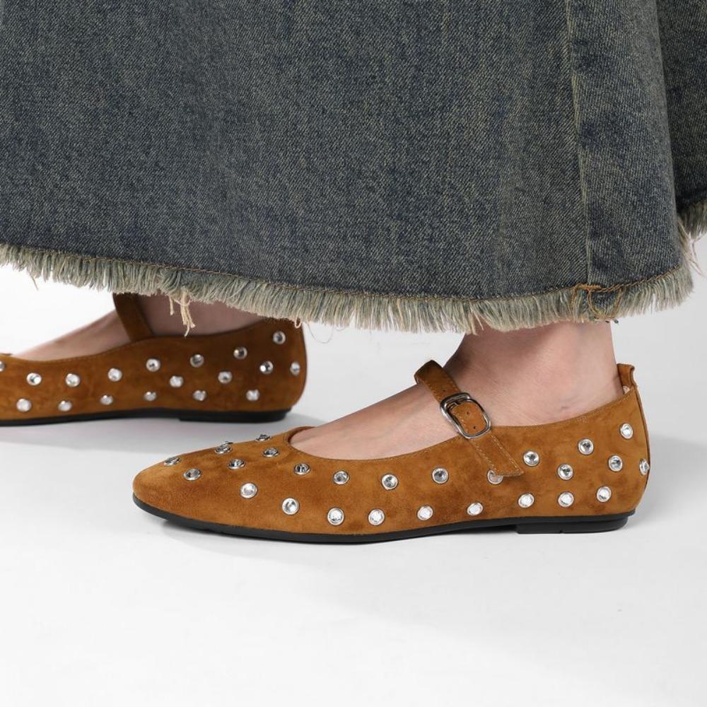 Mary Jane Shoes for Women Rivet Suede Classic Retro Brown Casual Soft Bottom Comfortable Ladies Flats Rhinestone Trimmed Flats