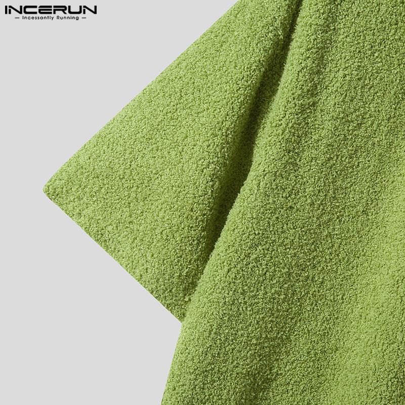 INCERUN Men's Fashion Button Up Furry Shirts Solid Short Sleeve Fleece Tops