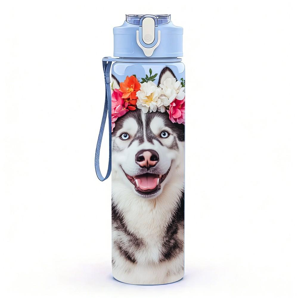 1PC Flower Crown Husky Dog Print 750ml Color Plastic Sports Water Bottle Leakproof Flip Straw Lid Suitable for Sports Office Home Use