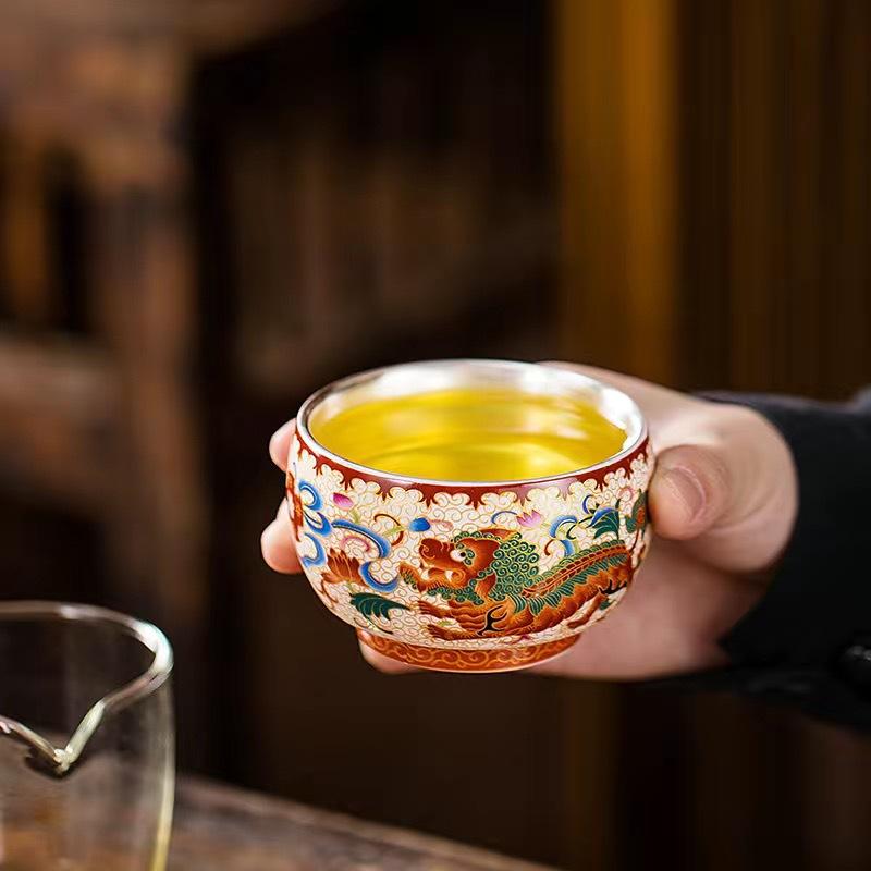 Silver-plated tea cup - Dragon and Phoenix Gold Thread Handmade Copper Enamel Colored Single Cup - Creative Gift Tea Set