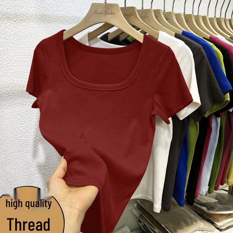 2025 Summer Trendy Plus Size Square Neck Slim Fit Short Sleeve Women's T-shirt