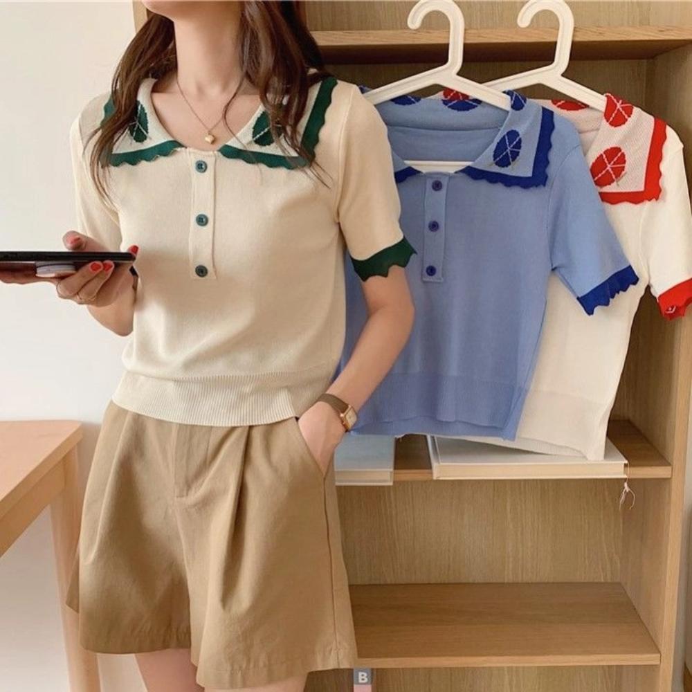 Chic Tops for Women's Summer T-shirt Thin New Trendy Contrasting Color Short Sleeve French Sweet Cool Short Knitted Shirt