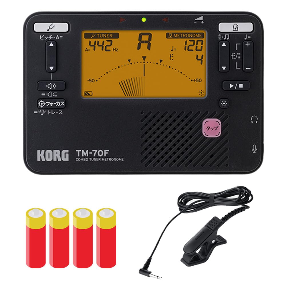 Korg TM-70F BK Tuner and Metronome Microphone CM-400 BK Battery Pack of 4