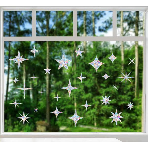 30 Pcs Star Ring Circle Window Clings - Anti-Collision Decals to Save Birds, Non-Adhesive Rainbow Stickers