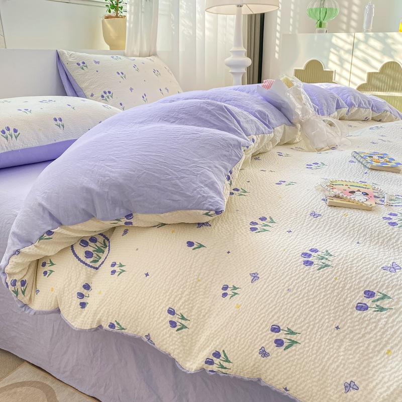 Set Lenzuola Seersucker a Quattro Pezzi Lenzuolo Copripiumino Federe