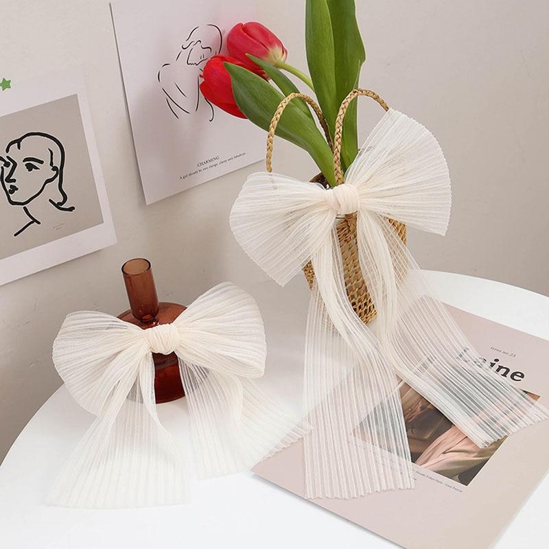 Women White Simple Hairpin Chiffon Mesh Big Bowknot Ribbon Hairband Clip Lady Girls Spring Clip