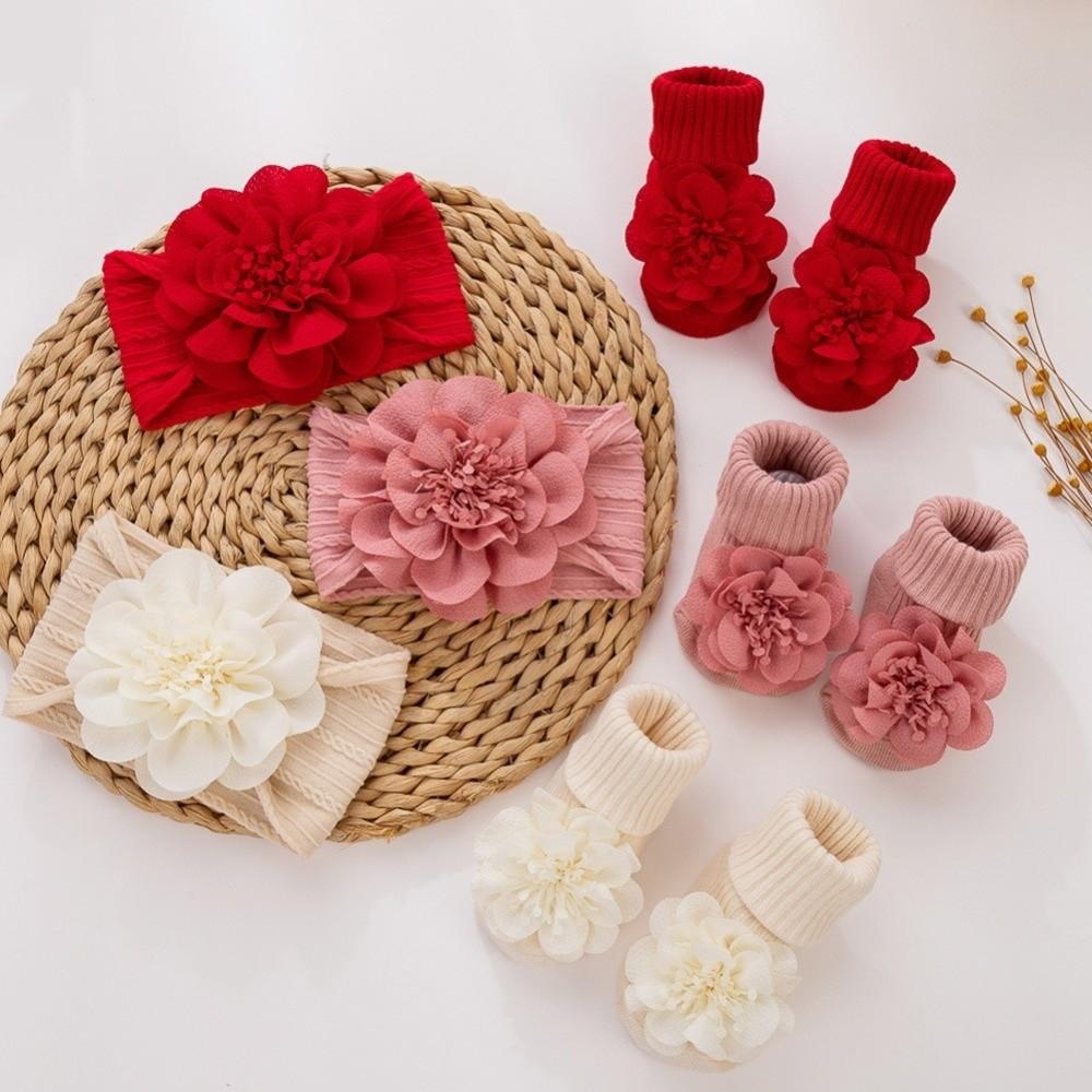 3Pcs/Set Anti Slip Baby Headband Socks Set Lace Flower Cotton Socks Infant Photogrphy Props