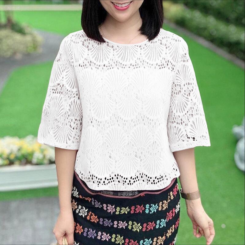 

ZANZEA Women Summer Round Neck Half Sleeve Hollow Patchwork Blouse