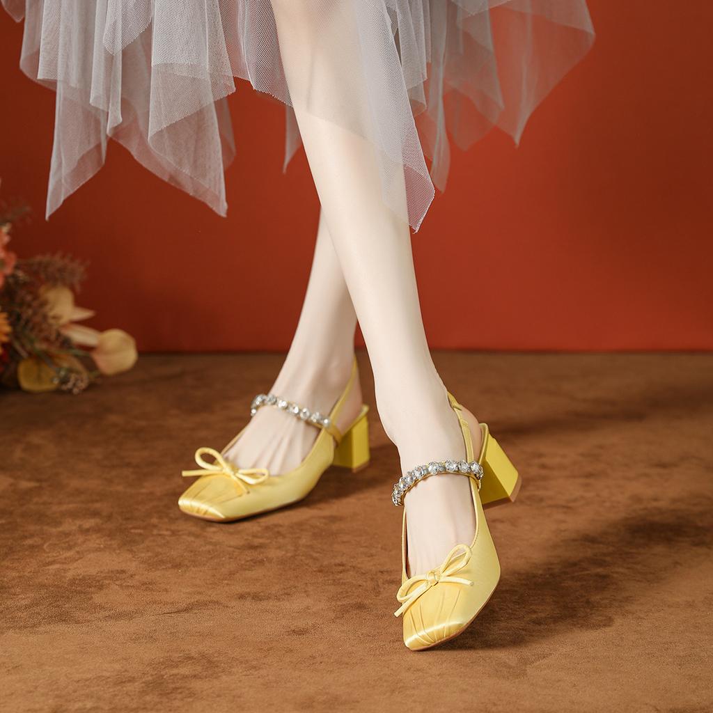 Bow word with rhinestone ballet shoes Mary Jane women's shoes small fragrant style thick heel high heels women's high sense