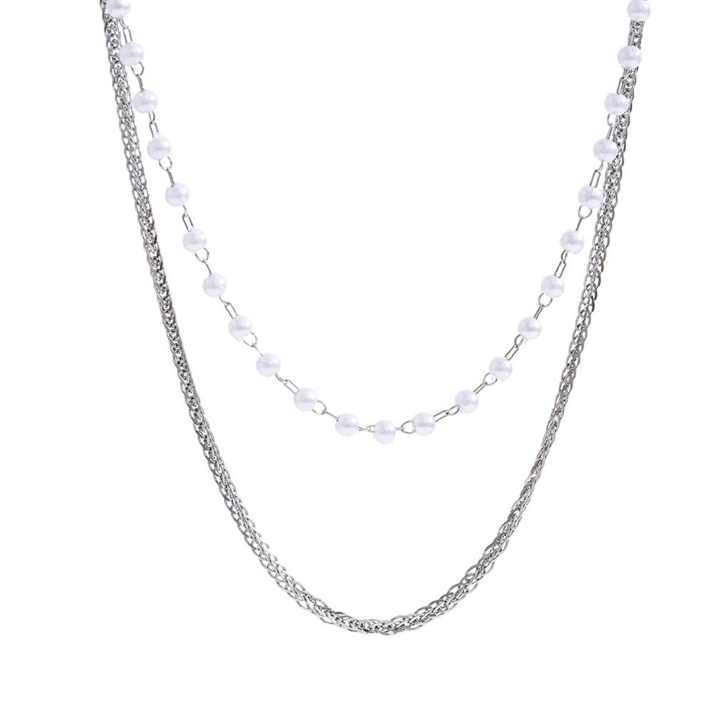 

Yhpup Trendy Simulated Pearls Double-Layer Chain Overlay Necklace Stainless Steel Fashion Chic Collar Jewelry New Exquisite Gift