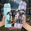 1PC Cute Grey Dog Cartoon 750ml Color Plastic Sports Water Bottle Leakproof Flip Straw Lid Suitable for Sports Office Home Use
