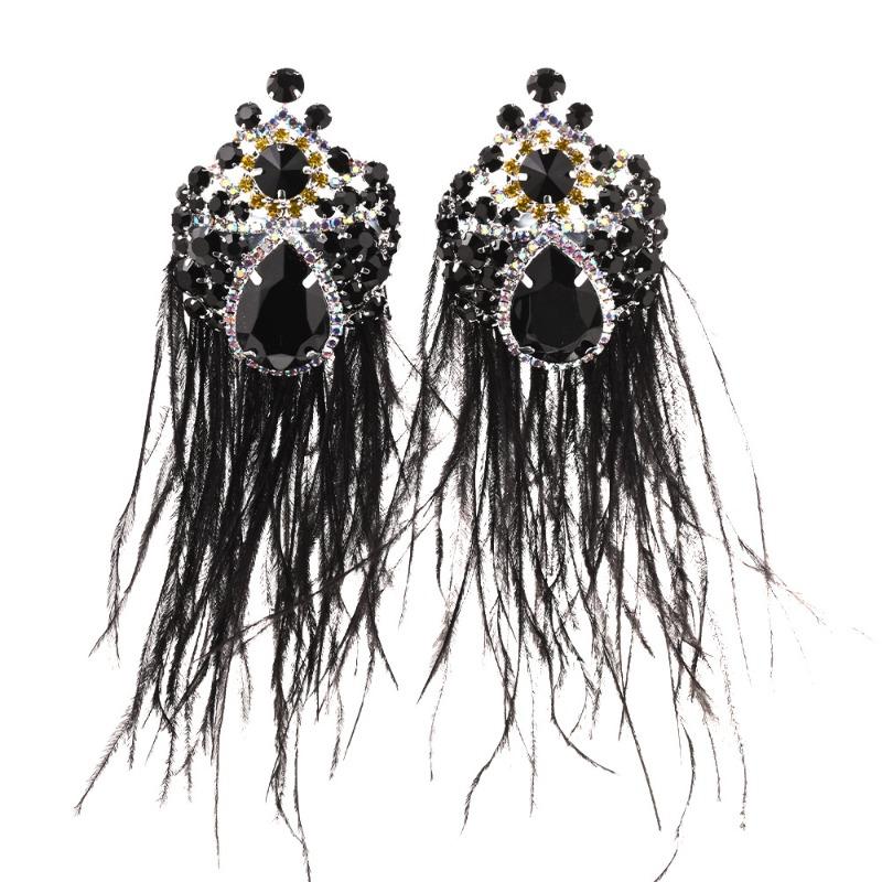 

European and American Design Sense, Feather Fringed Earrings, Exaggerated Diamond-set Earrings, Stage Performance Accessories, Women s Earrings чорний