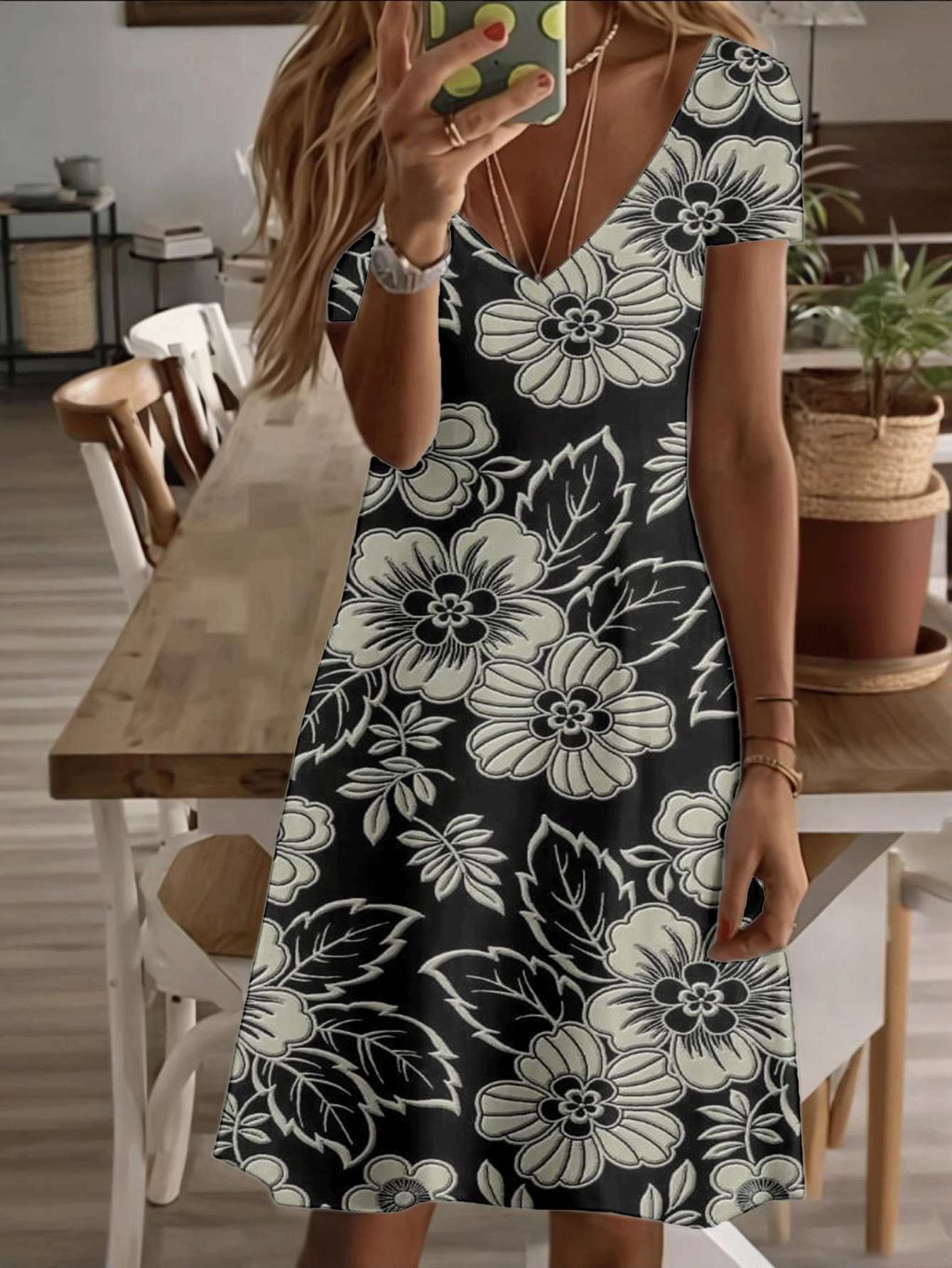 

Vneck shortsleeve midi dress floral style women’s dress elegant black and white flower pattern print 3D premium printing durable fabric chic casua M дубильная кора