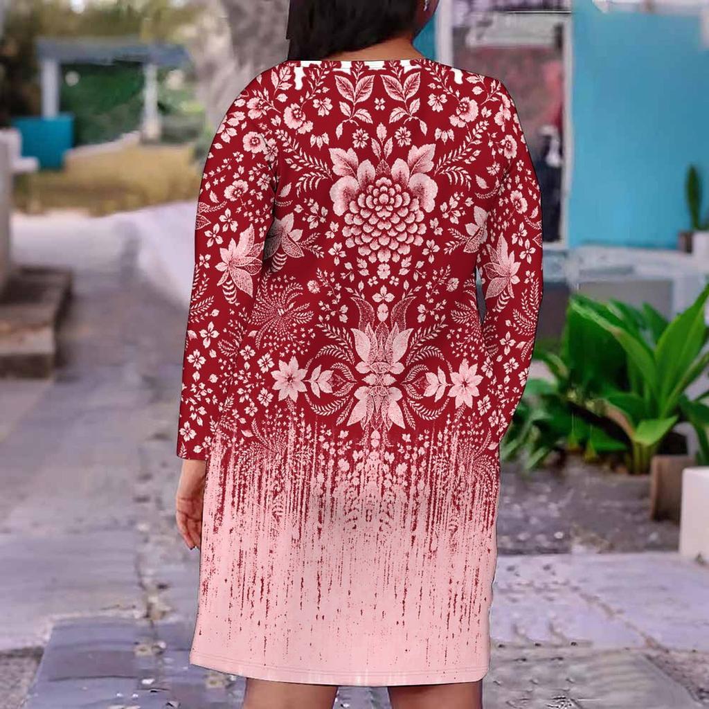 Women Plus Size V Neck Long Sleeve Floral Printed Red Pink Fitted Dress