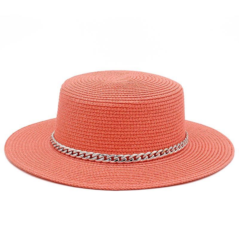 Spring and summer women's travel sunscreen straw hat fashion chain solid color beach British style jazz hat Hats