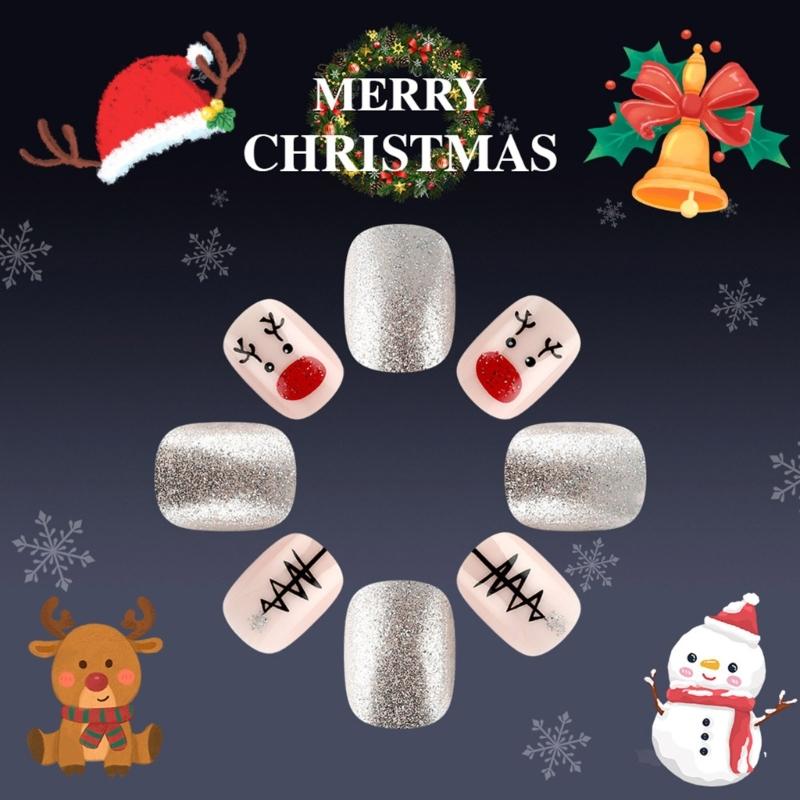 Full Cover Stick On Nail ABS Snowflakes Glittering Short Square Christmas Party Supplies Nail Art Decoration